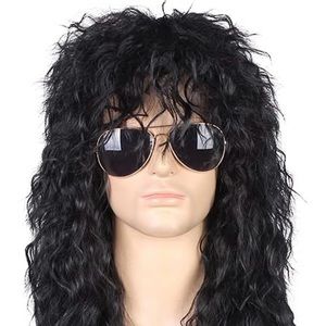 Dark Brown Long Curly 80s Mens Cosplay Heavy Rocker Style Wig
